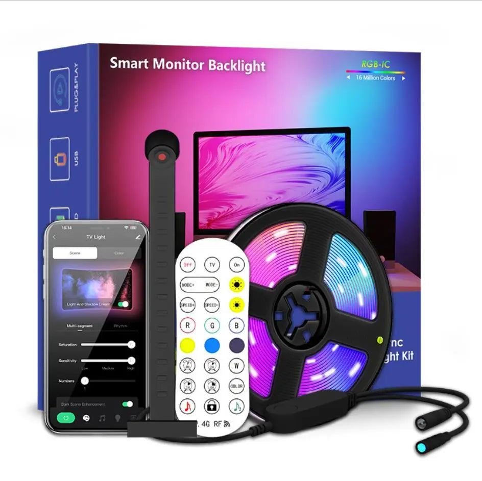 Tira de luces LED RGBIC para TV con cámara, control por aplicación, sincronización de música, luces inteligentes para sala de juegos, iluminación ambiental de 55 a 75 pulgadas