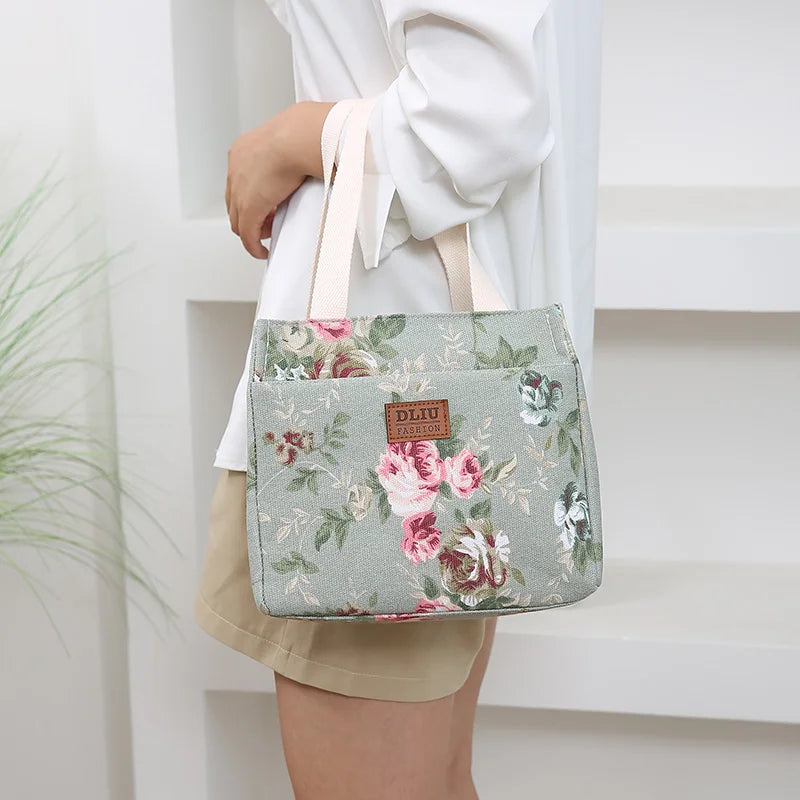 Sac à déjeuner esthétique imprimé Floral, sac à Bento isolé de grande capacité, sac à main isotherme pour l'école, le travail, les voyages et le pique-nique