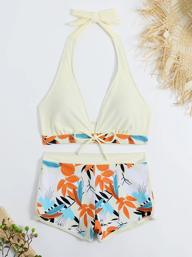 Ensemble de bikini halter 2026, maillot de bain court pour femme, maillot de bain taille haute imprimé, tenue de plage