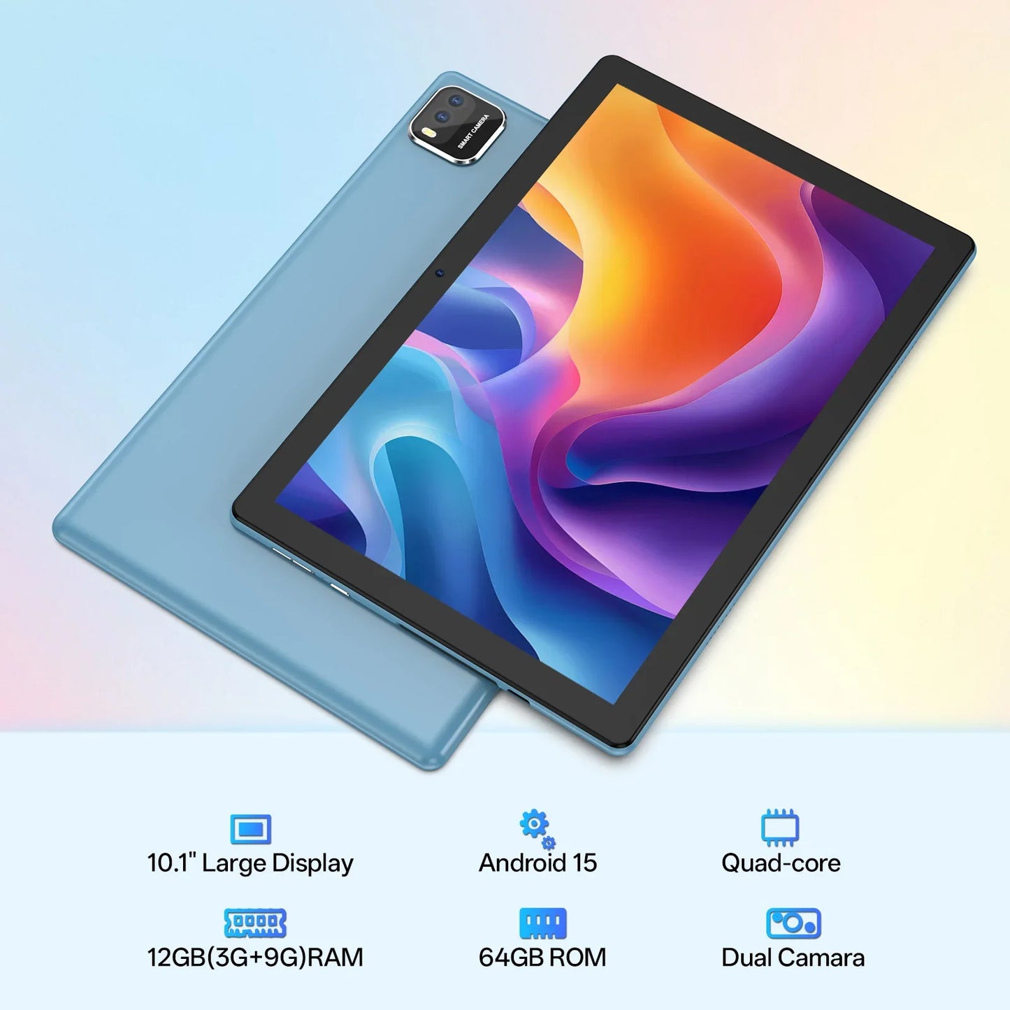 10-inch Tablet PC, Android 15 system, Quad-Core Processor, 12 (3+9) GB + 64 GB Storage, Expandable up to 1TB, Supports WiFi 6,