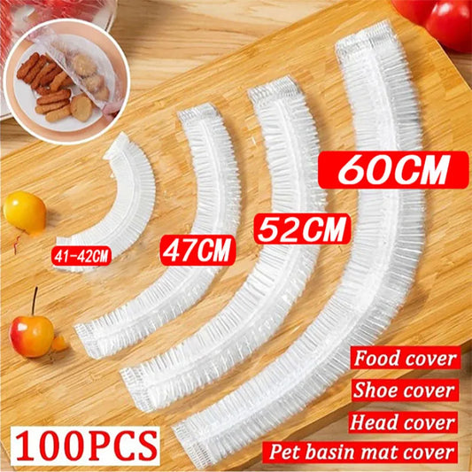 Tapa de comida desechable, 50 unidades, embalaje de plástico, bolsas de plástico para frutas y verduras de grado alimenticio, bolsas de plástico elásticas, organizador de cocina