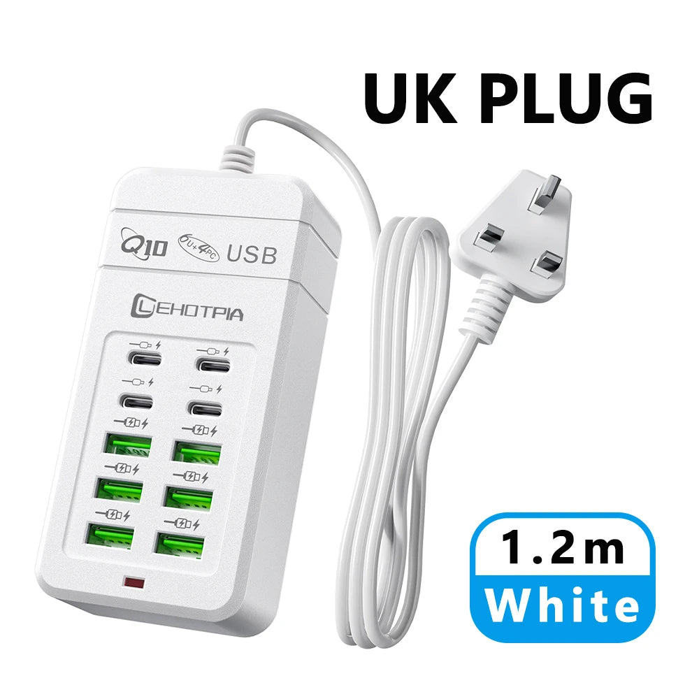 Chargeur USB rapide Multiple, prise ue UK US, adaptateur d'alimentation, rallonge de 1.2m, 6 USB-A 4 USB-C, Portable pour téléphone Portable