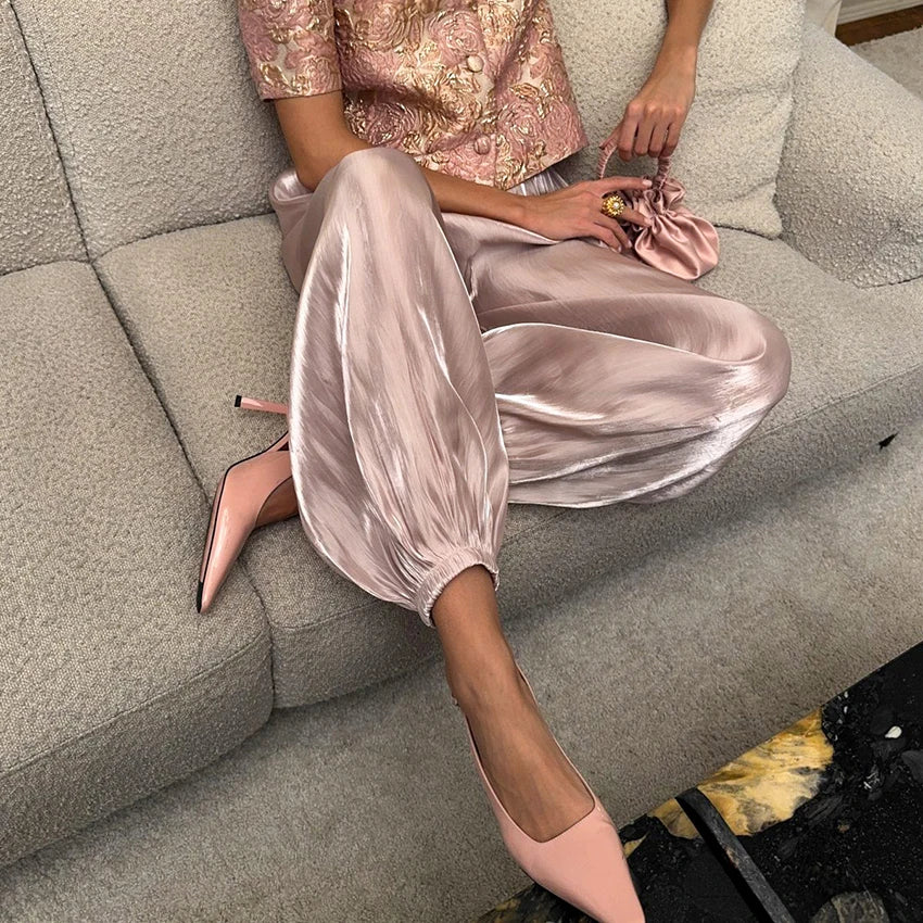 Linad élégant rose crêpe ample Bloomers pour femme rue Chic plissé pantalon femme automne Vintage taille haute pantalons longs 2025