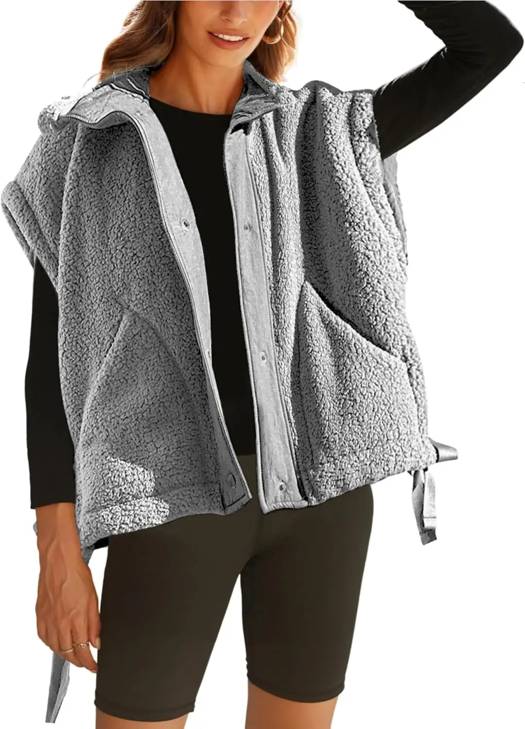 Gilet polaire pelucheux pour femme, surdimensionné, sans manches, Sherpa, chaud, boutonné, vêtements d'extérieur avec poches
