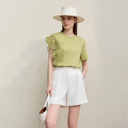 T-shirt femme 2026 été — col rond, coton, anti-transpiration, dentelle asymétrique, ample, manches courtes