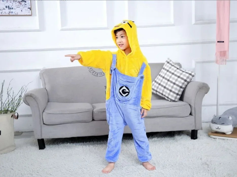 2026 Kids Minions Kigurumi Onesie Cosplay Anime Costume Winter Flannel Kawaii Pajamas Halloween Christmas Clothing