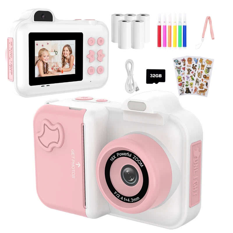 Kids Digital Camera, Instant Print, Dual Lens, 1080P HD Video Recording, 32G, for Boys and Girls, Christmas Gifts, Toys