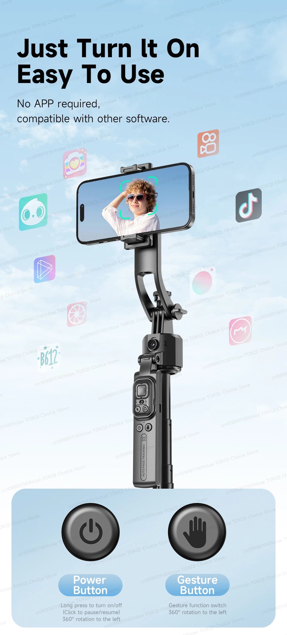 TOKQI C17 – Trépied selfie 360° avec suivi IA automatique, télécommande et lumière de remplissage