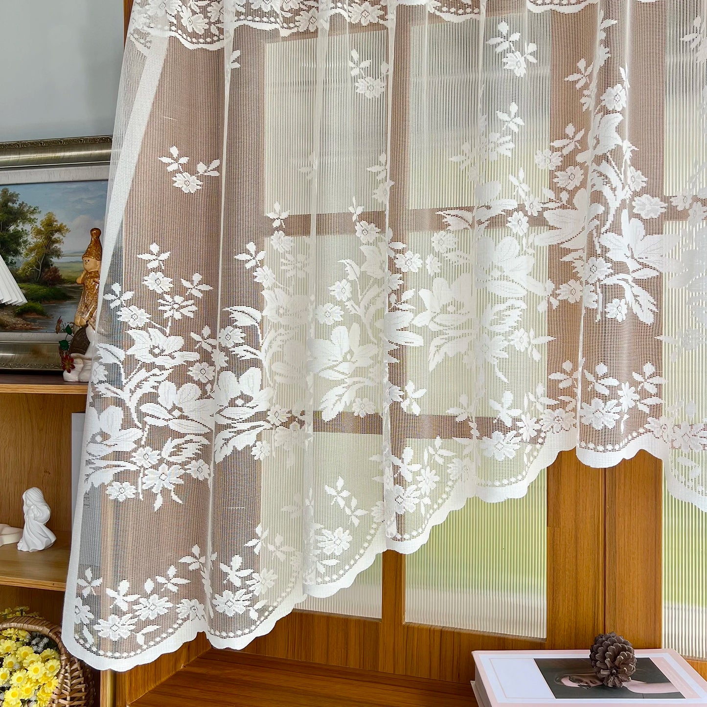 Rideau triangulaire transparent à fleurs blanches, demi-rideau pour petite fenêtre de cuisine, drapé de poche pour tringle de décoration de pays français