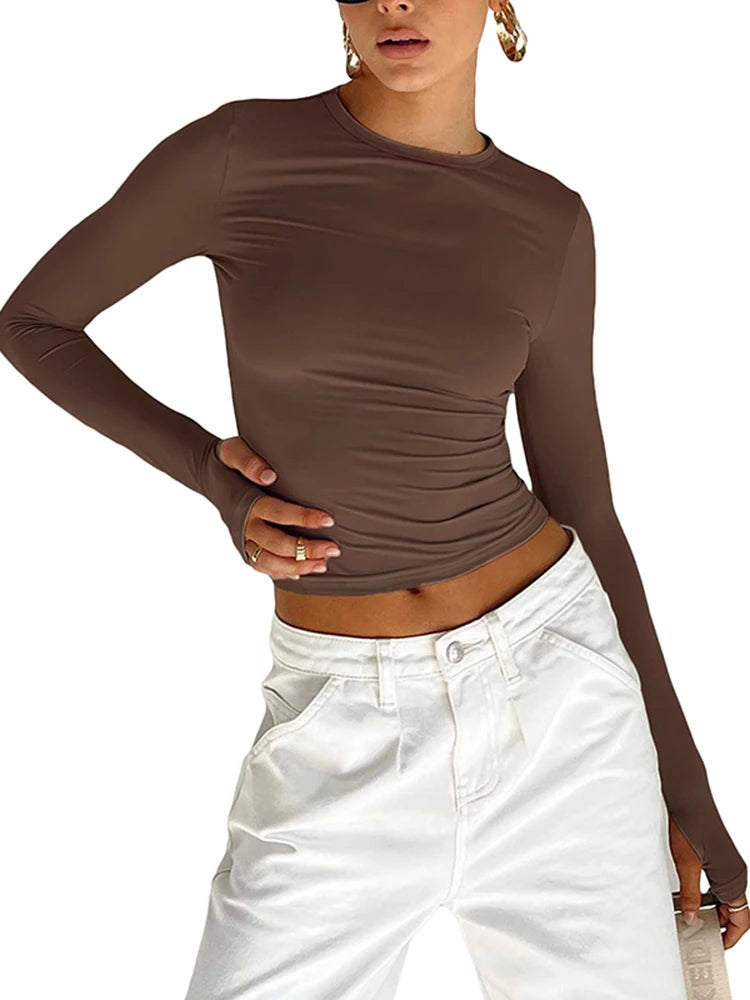 Haut Court Femme Manches Longues — Trous Pouces Streetwear Coupe Ajustée