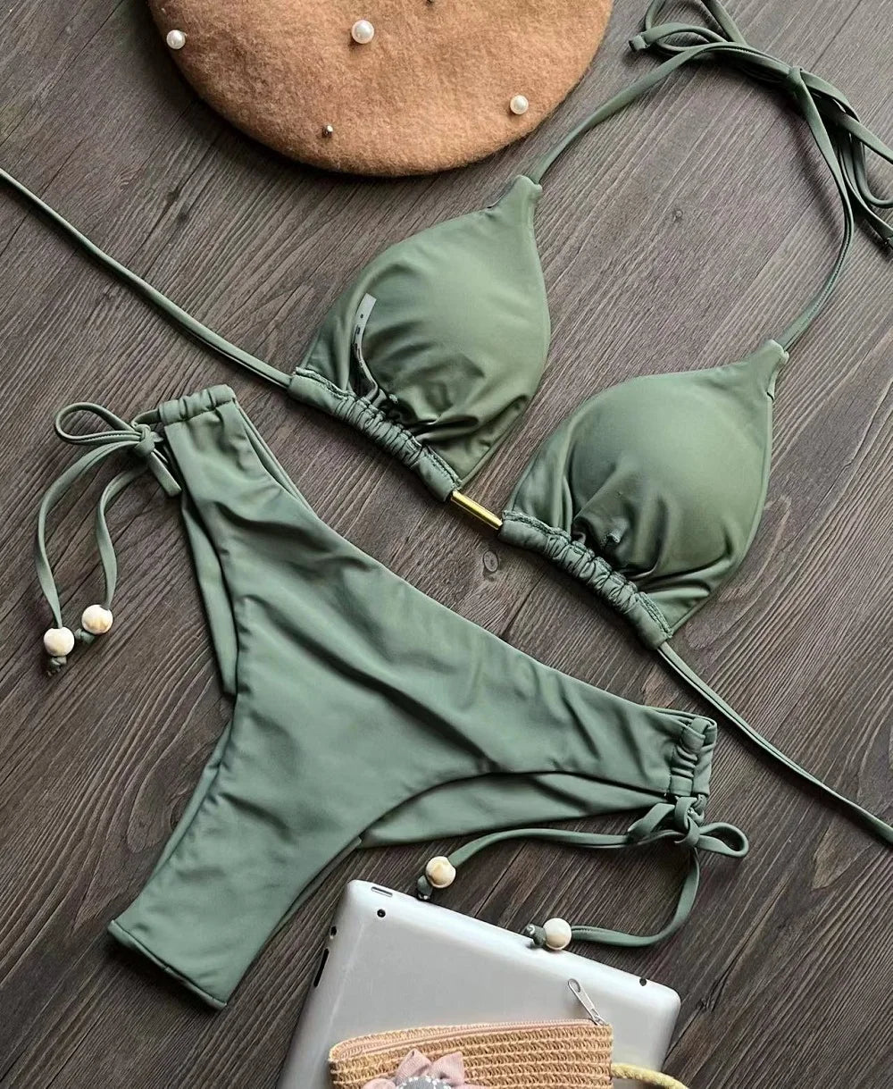 2025 nouveau Triangle Sexy maillot de bain pour femmes Bikinis brésiliens licou maillots de bain Push Up maillot de bain chaîne en métal plage Bikini ensemble