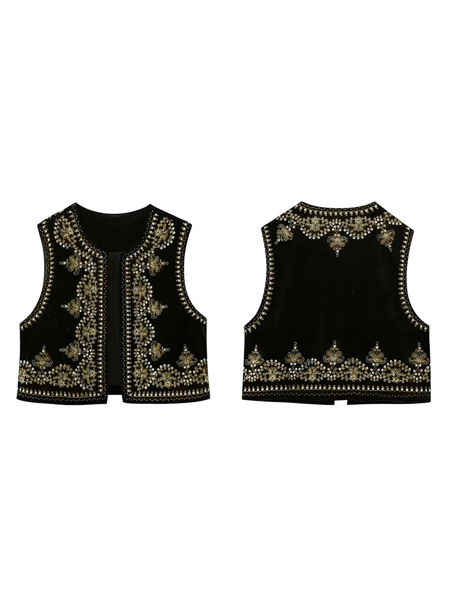 Gilet brodé noir Vintage à motif Floral pour femmes, sans manches, ouvert sur le devant, court polyvalent, vêtements d'extérieur y2k, Cardigan Boho court
