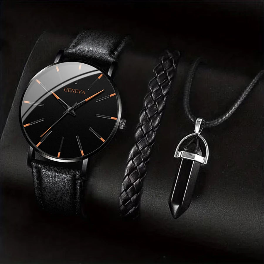 Juego de 3 unidades/set de relojes de negocios para hombre, pulsera de cuero informal, reloj de cuarzo analógico para hombre, collar y pulsera