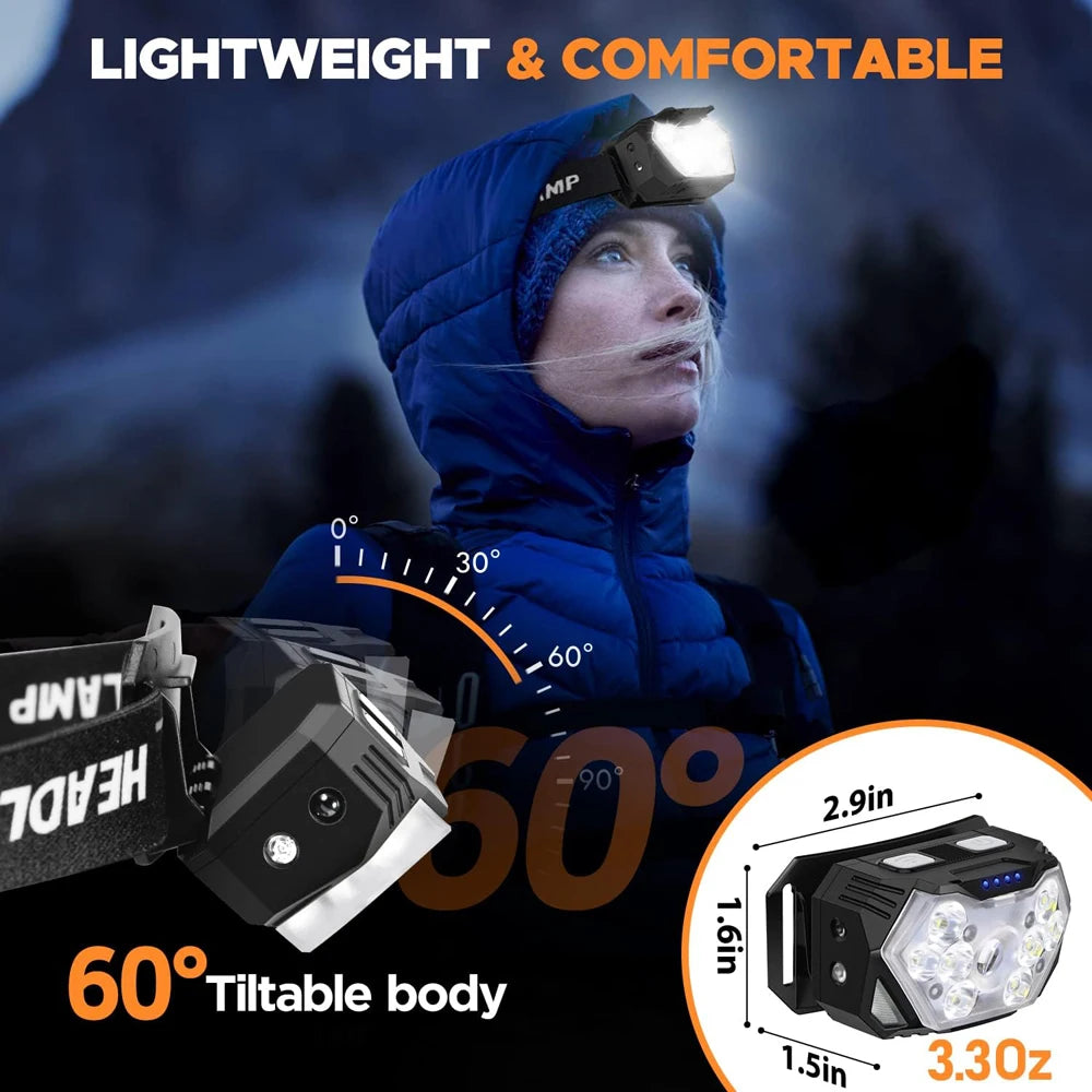 Lampe frontale à 9 LED haute luminosité, lampe frontale à détecteur de mouvement, lampe frontale portable pour la pêche et le camping en extérieur, lampe de travail
