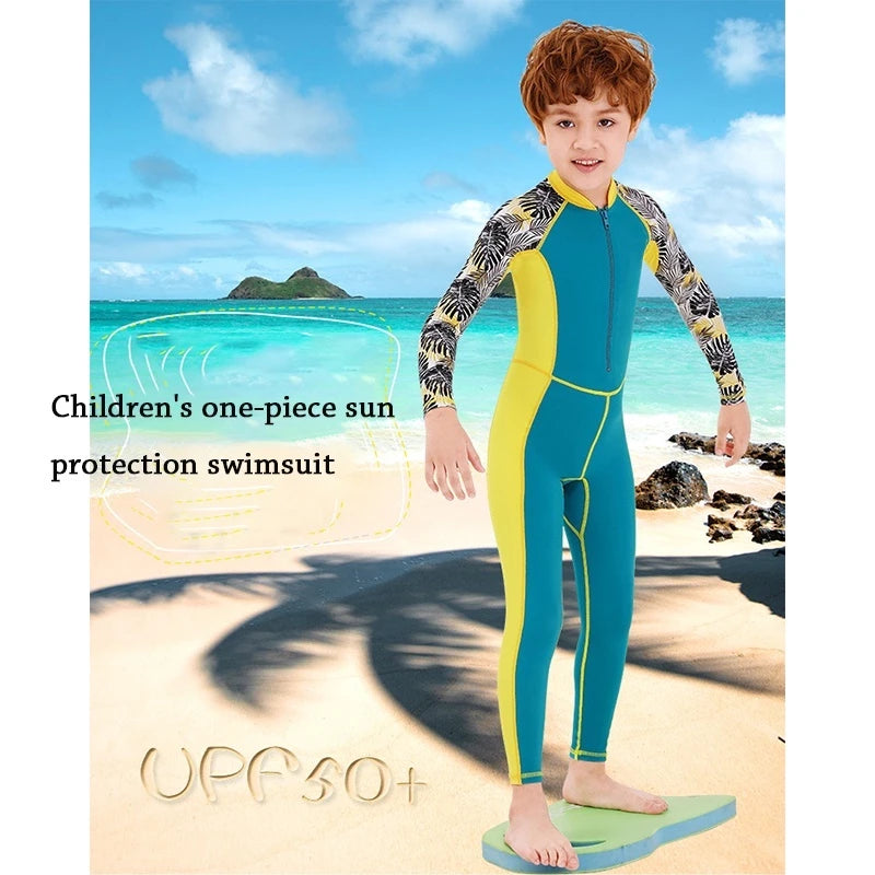Maillots de bain une pièce pour enfants, maillot de bain pour garçons, manches longues, Protection solaire (y compris les bonnets de bain)