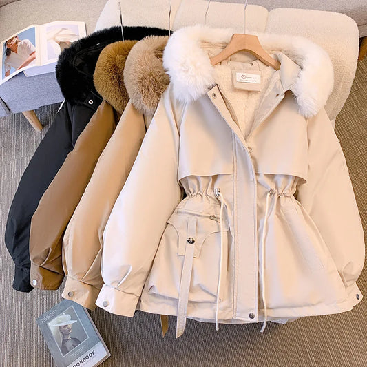 Women's Hooded Fleece Lined Winter Jacket, Warm Padded Coat with Drawstring, Casual Korean Parkas, Streetwear, Puffy Outerwear