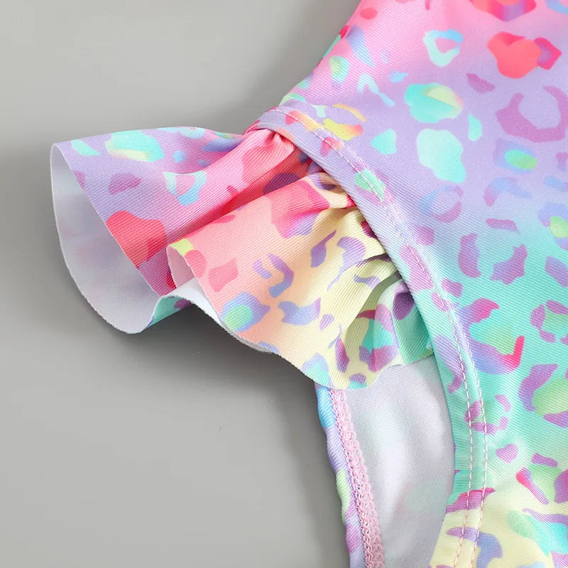 Maillot de bain une pièce avec chapeau de soleil pour petites filles de 1 à 2 3 4 5 6 ans, manches à volants léopard, fermeture éclair, vêtements de plage pour bébé