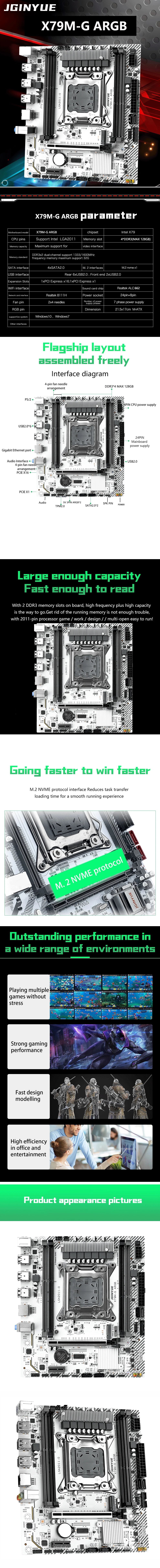 Carte mère JGINYUE X79M-G ARGB pour processeur E5 26XX V2 série LGA2011 M-ATX DDR3 RAM interface TPM pour le bureau à domicile et les jeux