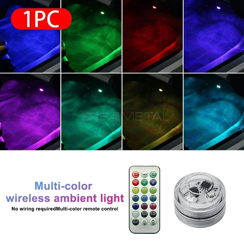 Lumière ambiante LED sans fil pour voiture — intérieur, toit, pied, atmosphère, télécommande, style diamant