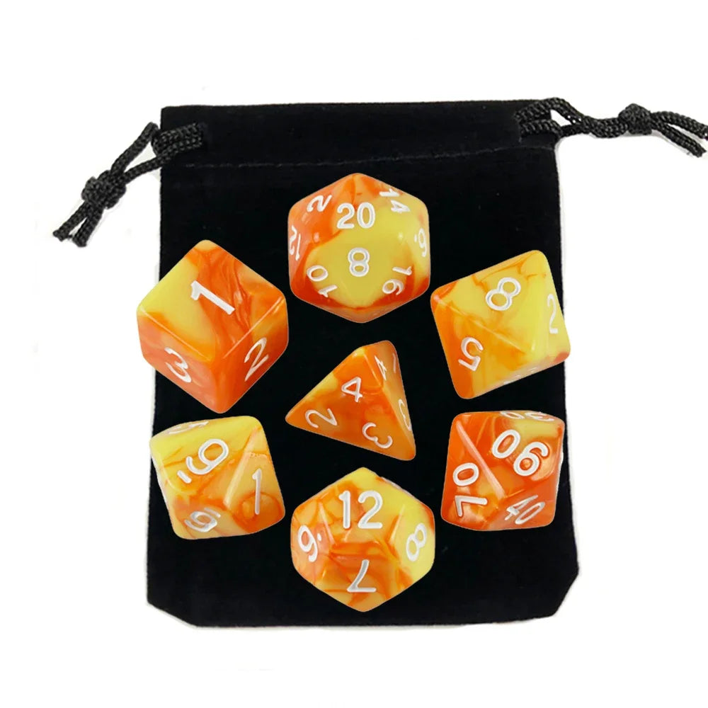 Dés polyédriques avec sac — jeu de société, jeu de rôle, d4, d6, d8, d10, d12, d20, 7 pièces