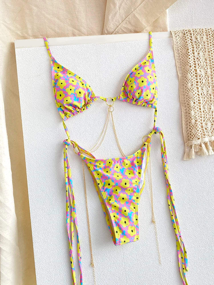 Sexy Triangle chaînes Bikini ensembles Micro tongs maillot de bain femmes maillot de bain Biquini pansements de plage maillot de bain imprimé string Bikini