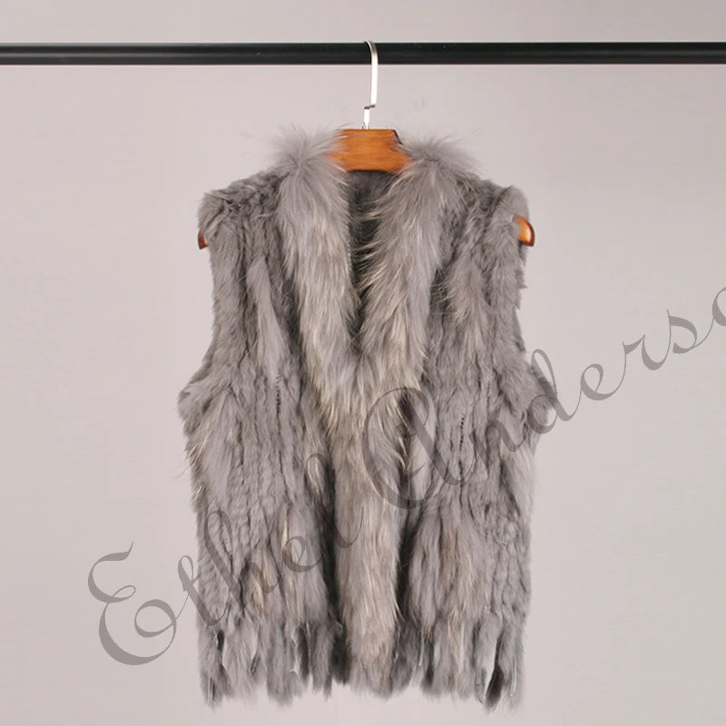 Gilet à glands en véritable fourrure de lapin tricoté — vintage, garniture fourrure raton laveur