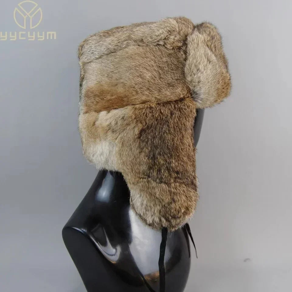 Men's Rabbit Fur Hat Winter Genuine 100% Fur Bomber Hat Warm Windproof Earmuffs Male Flat Grey/Black Russian Fitted Cap