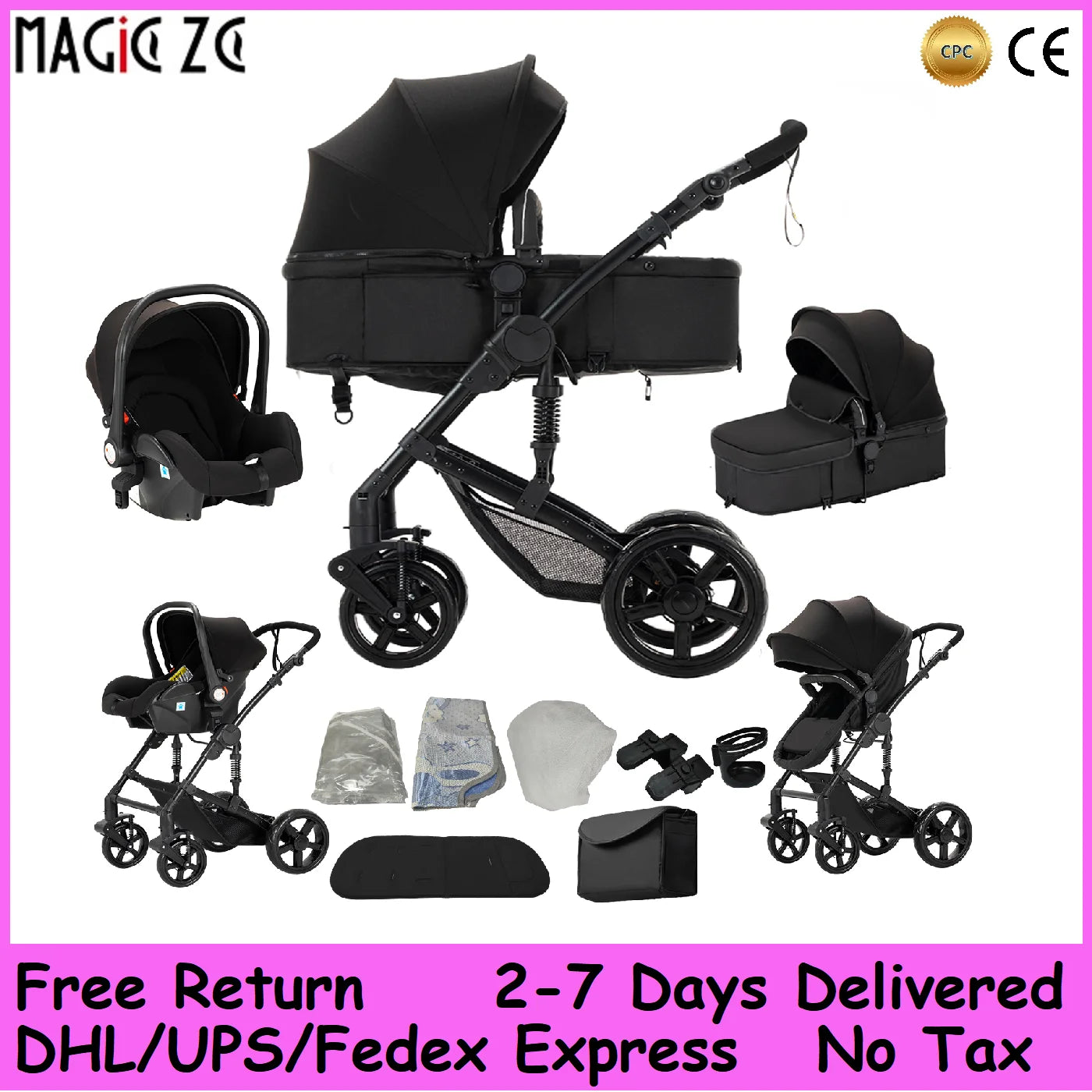 Poussette Bébé Châssis Aviation Roues 360° — Dossier Réglable Coussin Amovible Panier