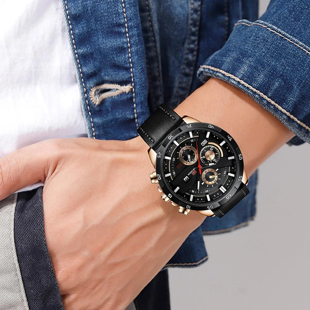 Montres de sport pour hommes, série de course de mode, 46mm, horloge en cuir noir VA VA VOOM, mouvement à Quartz 3Bar, montre-bracelet étanche pour hommes