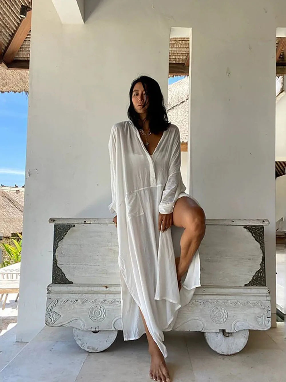 Túnica de playa tipo pareo para mujer 2026, de algodón blanco liso, cuello alto, conjunto de playa