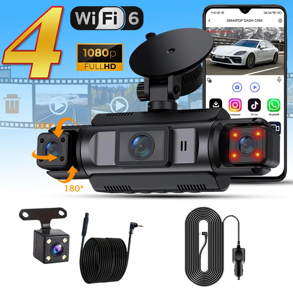 Dashcam WiFi 4 Canaux 1080P Boîte Noire — Avant Gauche Droite Arrière Vision Nocturne