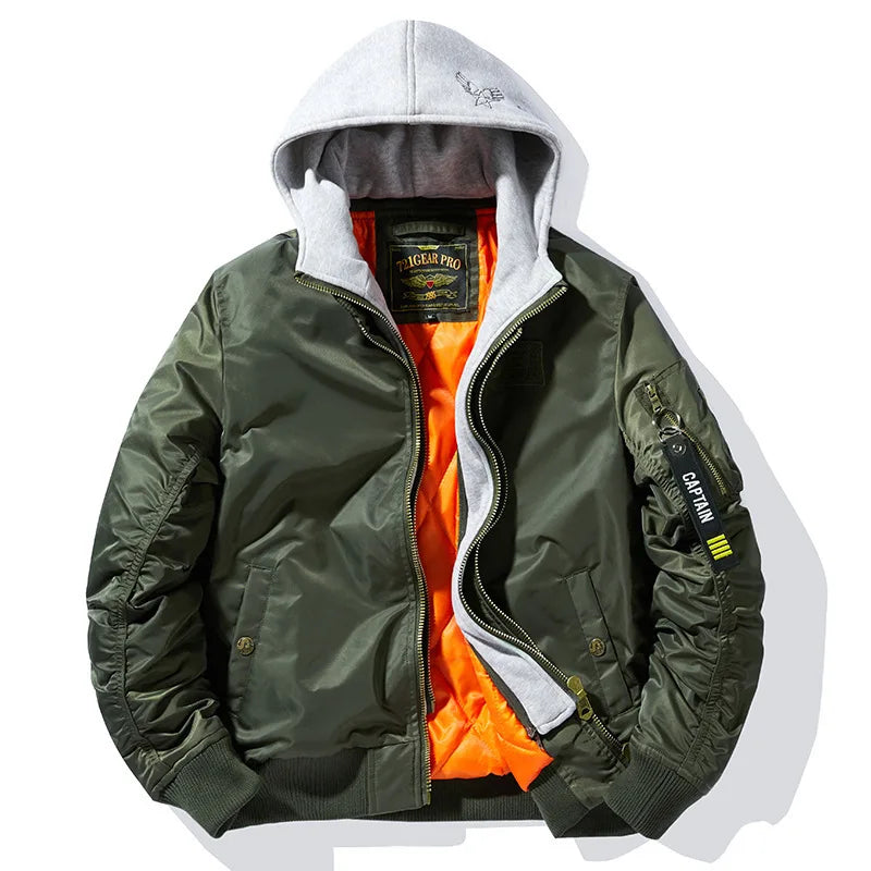 Men's Thick Hooded Bomber Jacket, Military Windbreaker, Multi-Pocket Air Force Coats, Autumn Streetwear, Baseball Jackets, Winter