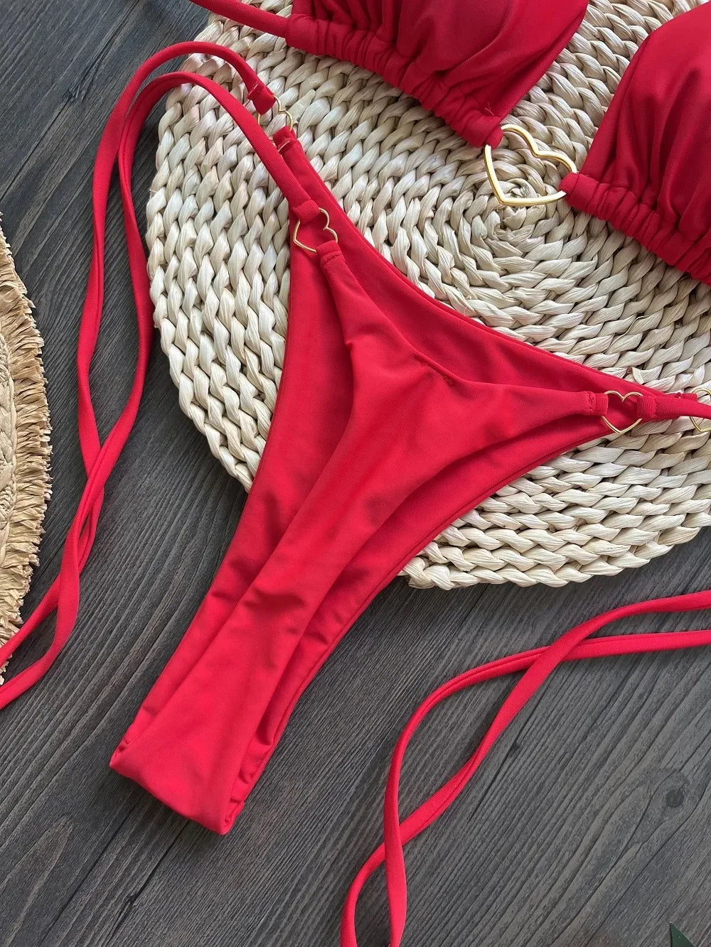Ensemble bikini sexy dos nu couleur unie taille basse pour femme, maillot de bain deux pièces triangle string brésilien
