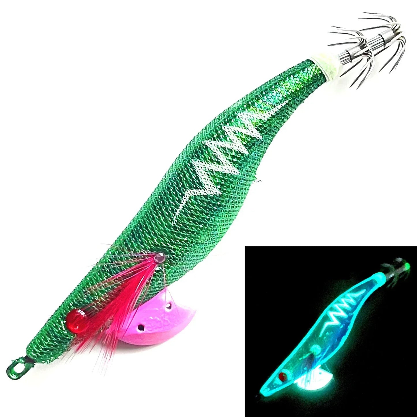Appât phosphorescent en bois pour la pêche à la seiche, gabarits de calmar, crochets de gabarit de poulpe, léger et noctilucent, taille 3.5 #, 21g