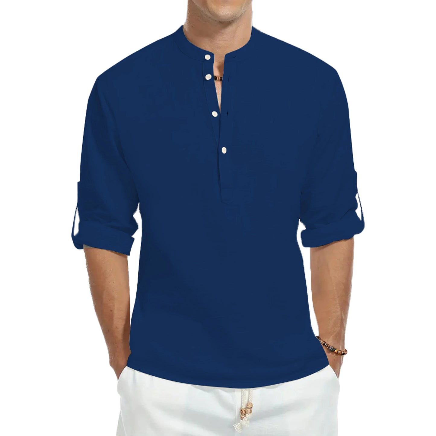 Chemise Coton Ample Homme — Col Montant Manches Longues Mode Ajustée