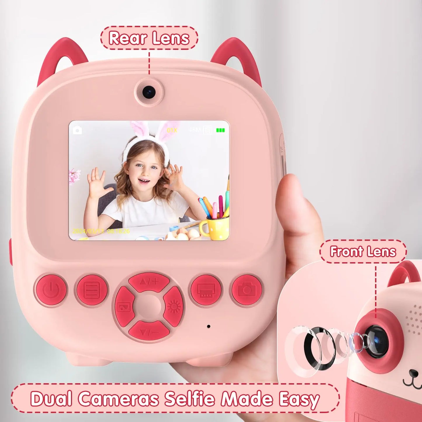 Caméra à impression instantanée, appareil photo multifonctionnel pour tout-petits avec impression de photos instantanée, appareil photo numérique à écran HD de 2,4 pouces pour Photo