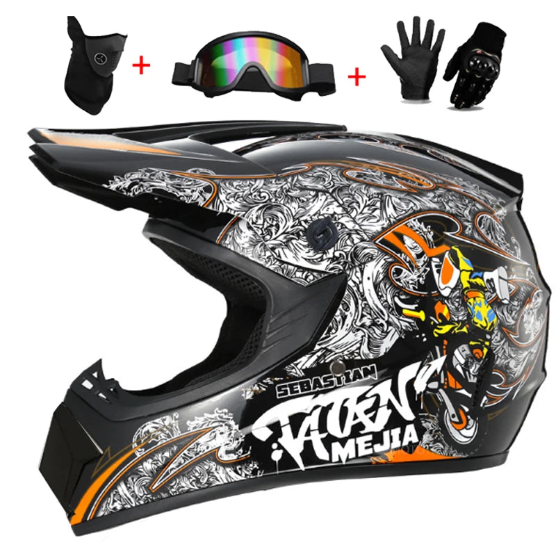 Kids Full Face Motorcycle Helmet, Youth Motocross Helmets, Off-Road Goggles, Cycling Protective Gloves