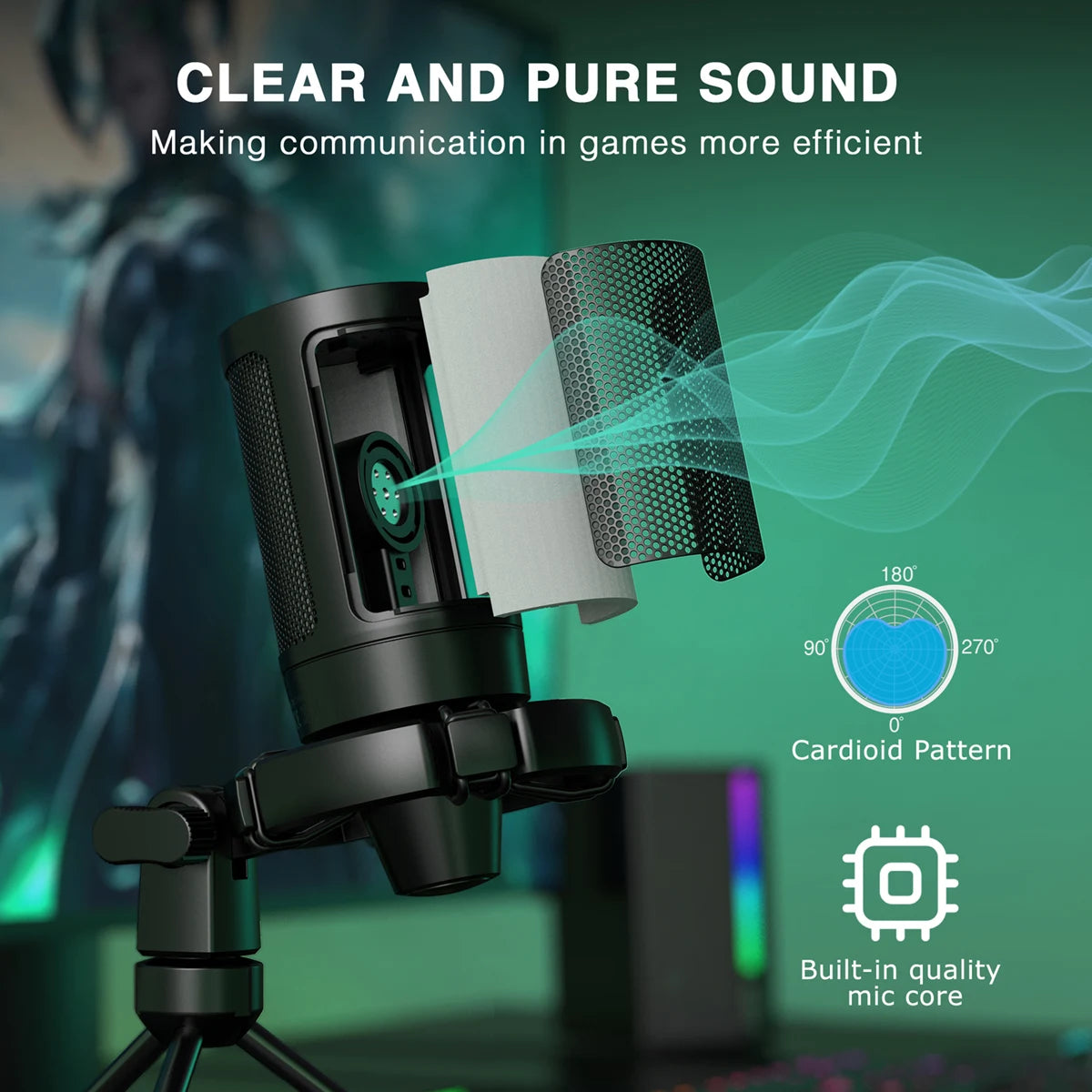 FIFINE AmpliGame A2 – Microphone USB gaming RGB avec sourdine tactile et trépied pour PC, PS4/5 et laptop