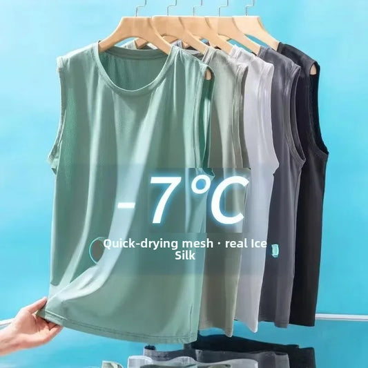 Men's Ice Silk Knitted Vest, Summer Lightweight Sportswear, Sleeveless T-Shirt, Casual Tank Top, Fashion Outerwear