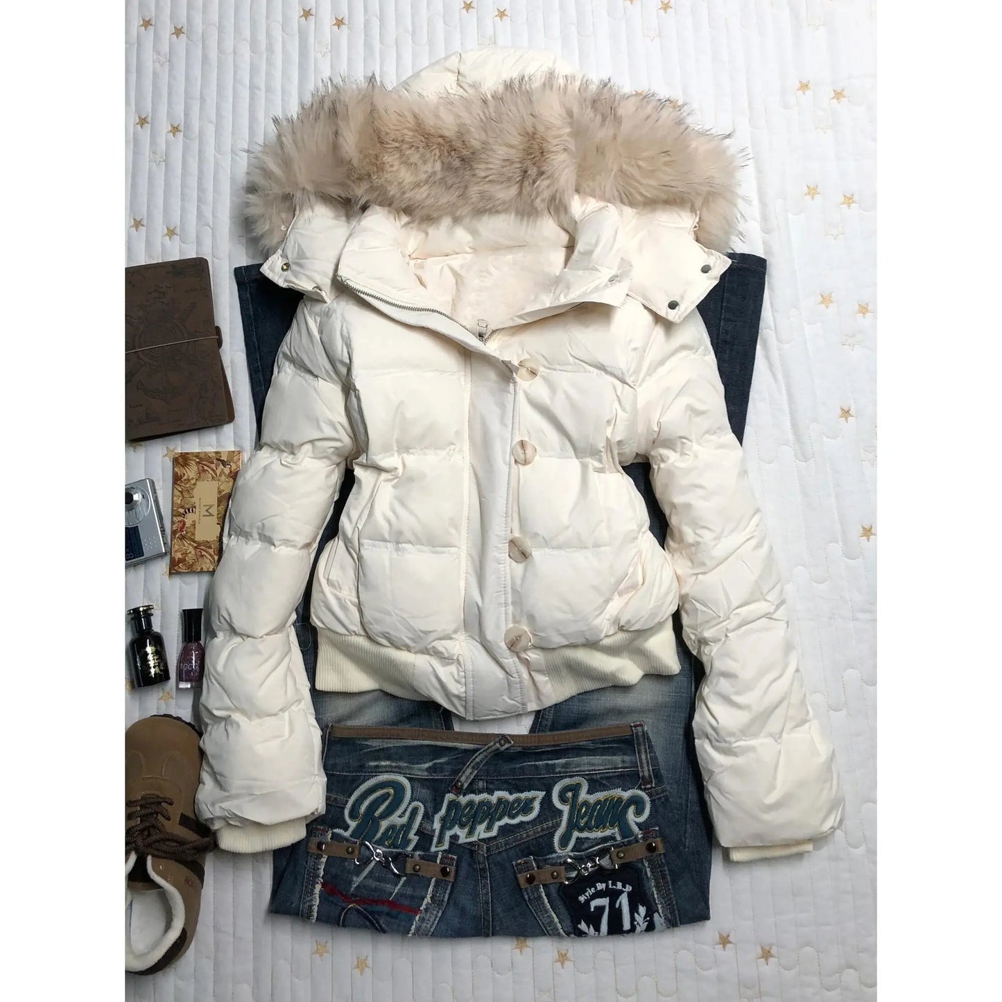 Abrigo de algodón con capucha de mujer de color sólido cálido con cuello de piel retro americano Ins invierno suelto casual delgado abrigo de algodón chaquetas