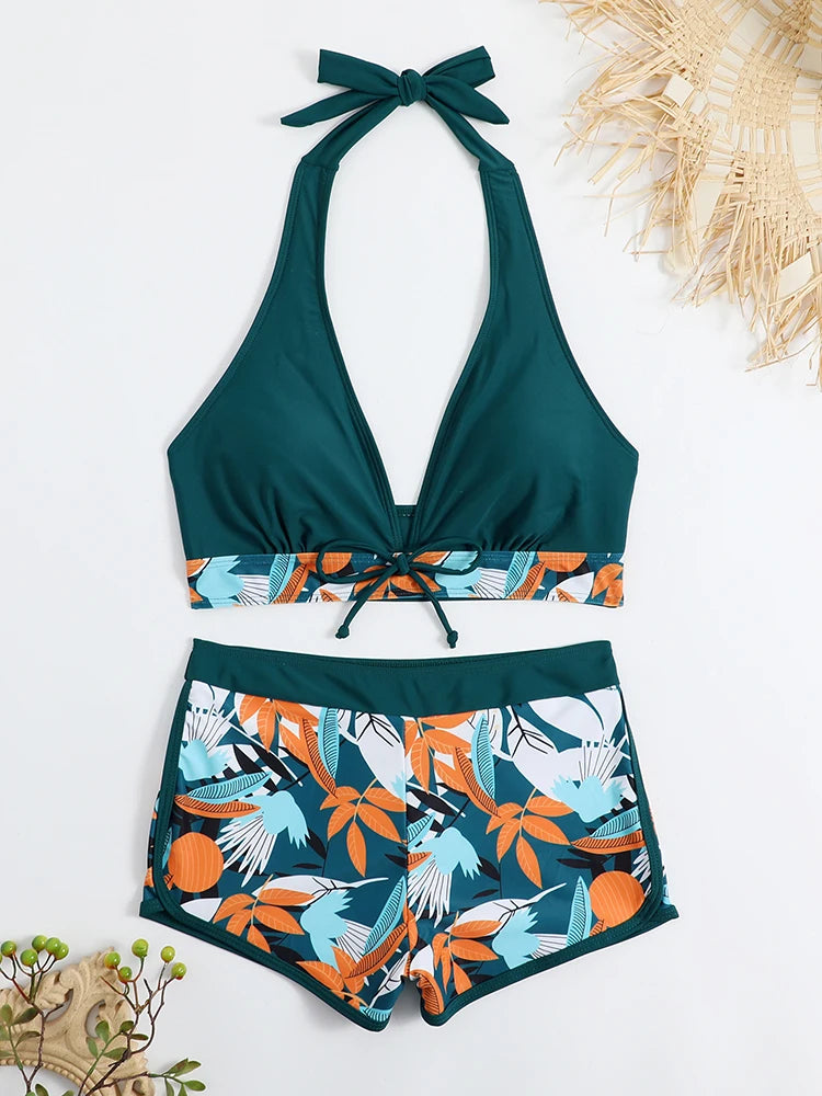 Ensemble de bikini halter 2026, maillot de bain court pour femme, maillot de bain taille haute imprimé, tenue de plage