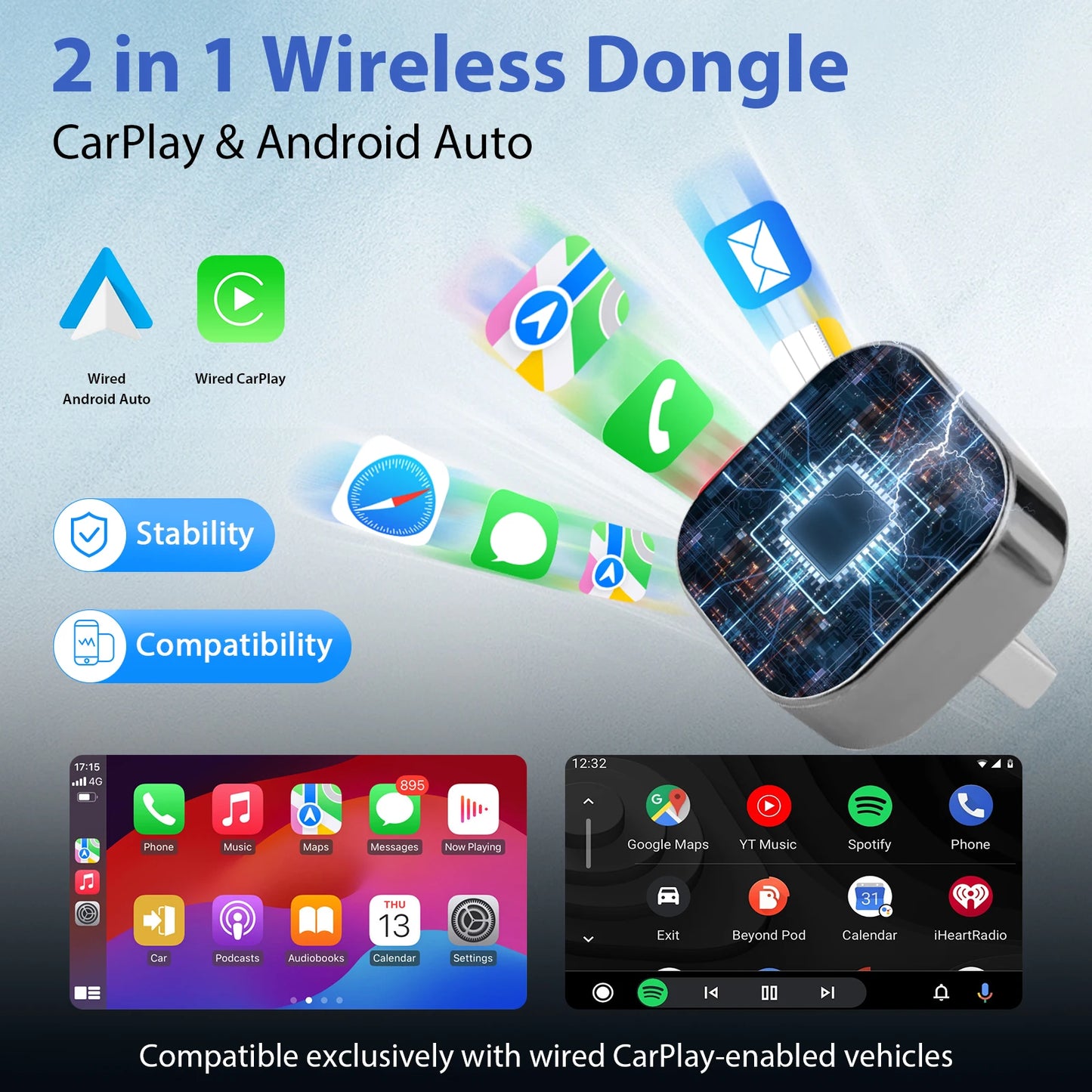 Adaptateur sans fil 2 en 1 pour voiture — WiFi 5G rapide, Plug and Play, USB-C
