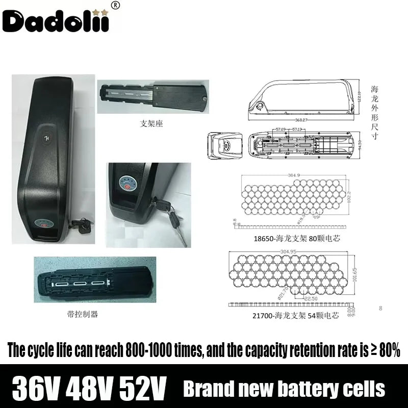Hailong Battery BatBR for Electric Bicycle, 36V, 48V, 52V, 20Ah, 24Ah, Mountain Bike, 18650, 21700, 1000, 750W, Bafang 500W,