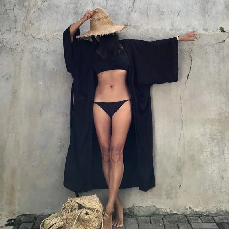Robe de Plage Longue avec Ceinture pour Femme, Kimono Sexy, Cardigan d'Été, 5 Couleurs Unies
