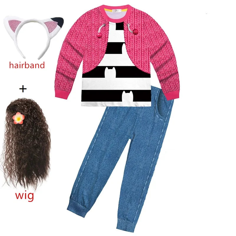 Gabbys D-Dolhouse disfraz para niños peluca conjunto de pijama Gabby Cat niñas camiseta de manga larga + pantalón diadema conjunto de trajes de Halloween para niños