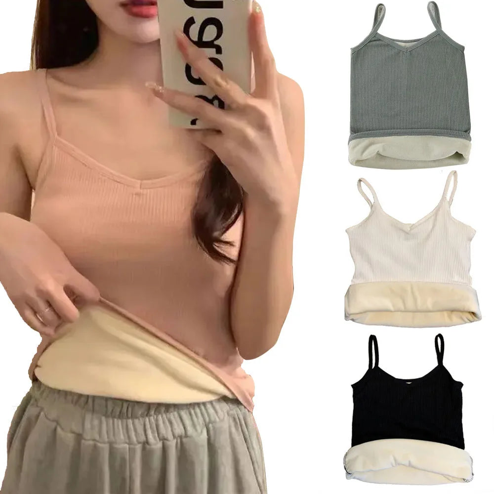 Women's Sleeveless T-shirt, Warm Winter Underwear, Solid Color, Thermal, Casual, Sleepwear, Sexy, Elasticity, Thin Velvet for Women