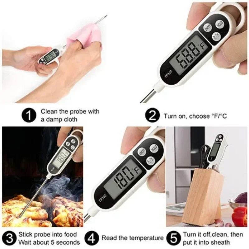 Thermomètre alimentaire numérique — sonde viande, BBQ, four, eau, huile, cuisson, électronique