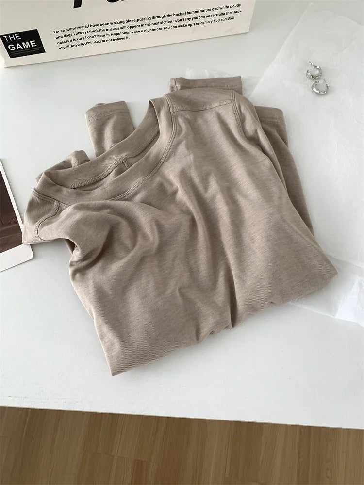 Women's long-sleeved T-shirt, silk wool splice, thin top, soft, waxy, solid color, spring summer