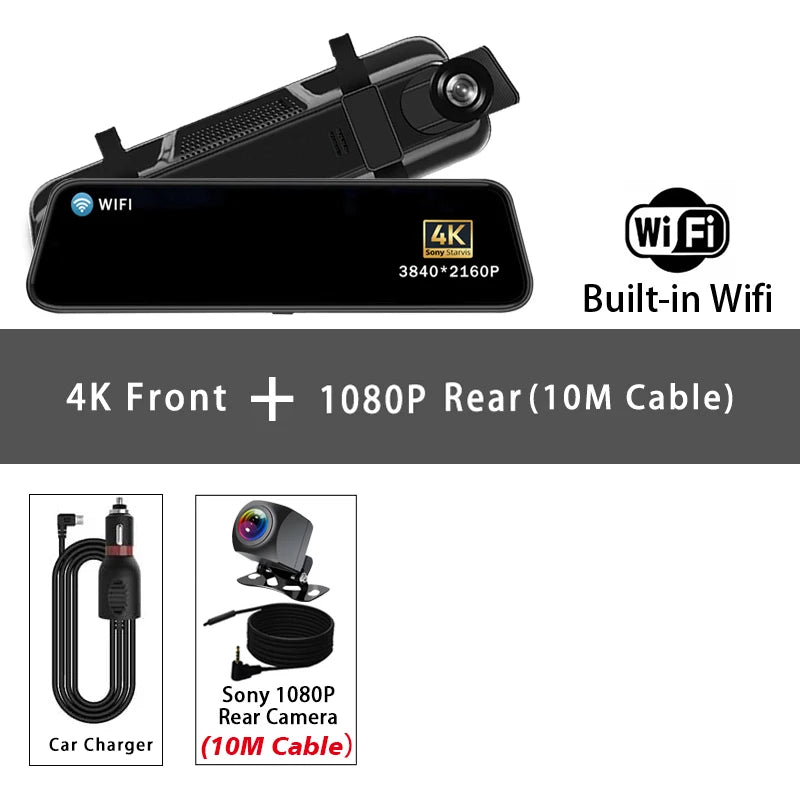 Dashcam Rétroviseur 4K 10" GPS WiFi — Double Lentille IPS Enregistreur Flux