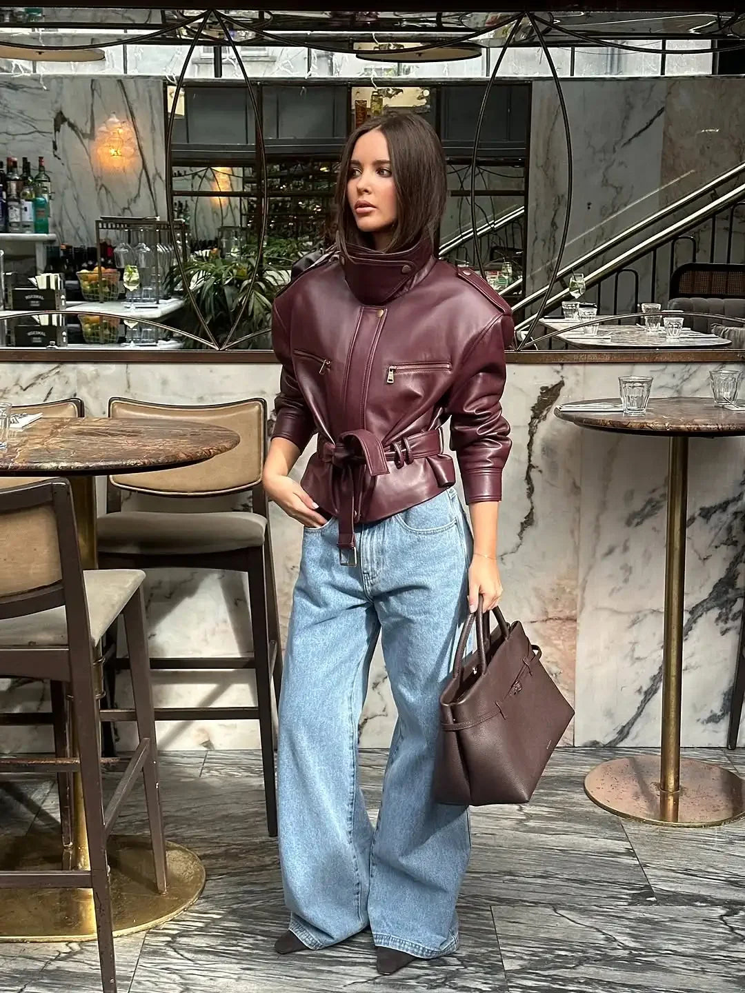 Femmes solide bordeaux taille cintrée veste mode à lacets col montant fermeture éclair seau vestes courtes 2025 dame haute rue manteau